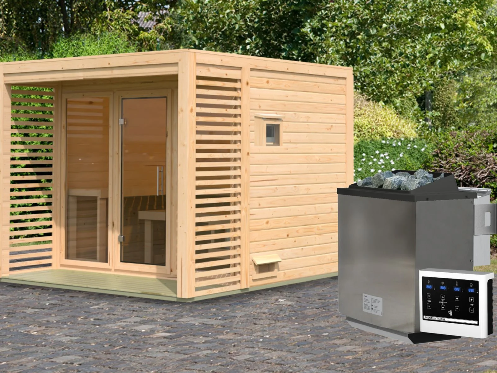 Norlinio Saunahaus Patio 3, 38 mm naturbelassen -inkl. 9 kW Bioofen ext. Steuerung- inkl. Da - Image 2