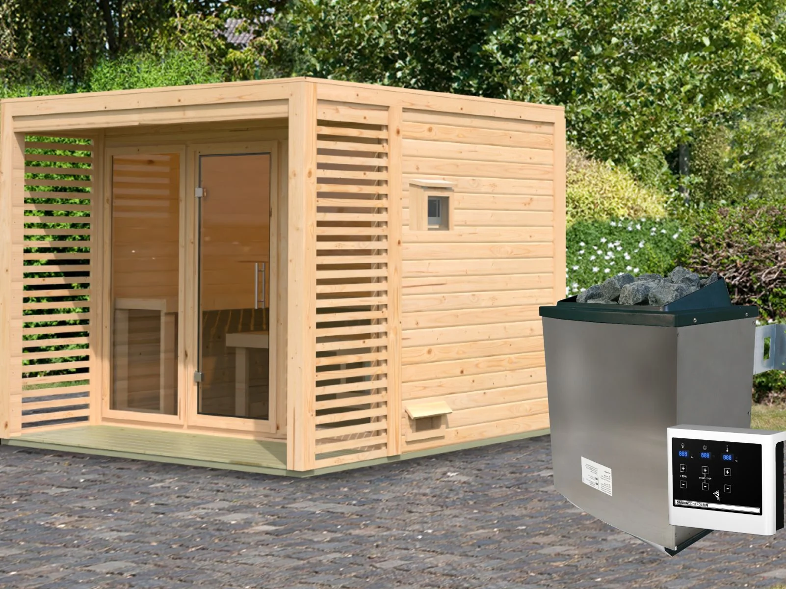 Norlinio Saunahaus Patio 3, 38 mm naturbelassen -inkl. 9 kW Ofen ext. Steuerung- inkl. Dache - Image 2