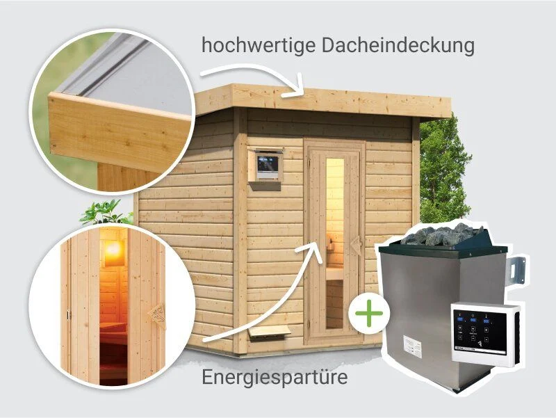 Norlinio Saunahaus Hella 2 38 mm - inkl. 9 kW Ofen ext. Steuerung - mit Dacheindeckung und - Image 3