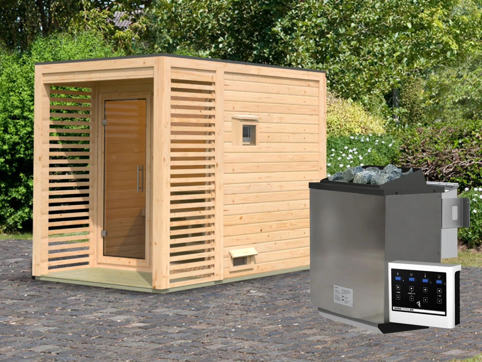 Norlinio Saunahaus Patio 1, 38 mm naturbelassen -inkl. 9 kW Bioofen ext. Steuerung- inkl. Da - Image 2
