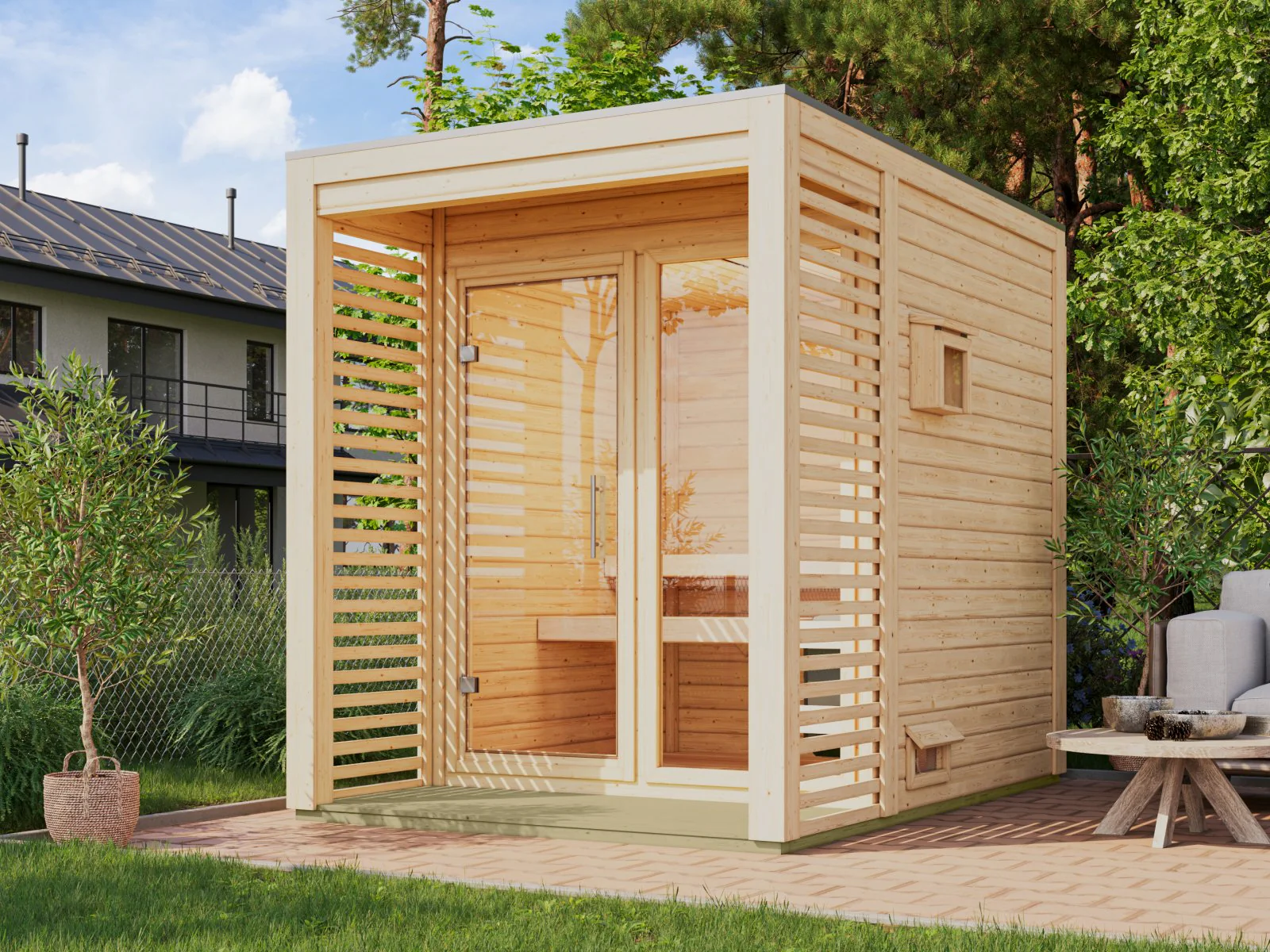 Norlinio Saunahaus Patio 1, 38 mm naturbelassen -inkl. 9 kW Ofen ext. Steuerung- inkl. Dacheindeckung