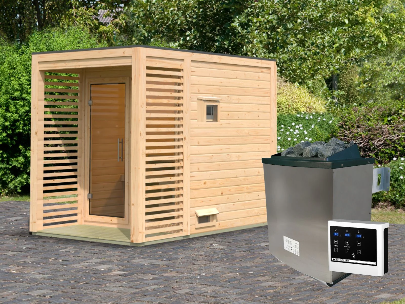 Norlinio Saunahaus Patio 1, 38 mm naturbelassen -inkl. 9 kW Ofen ext. Steuerung- inkl. Dacheindeckung - Image 2
