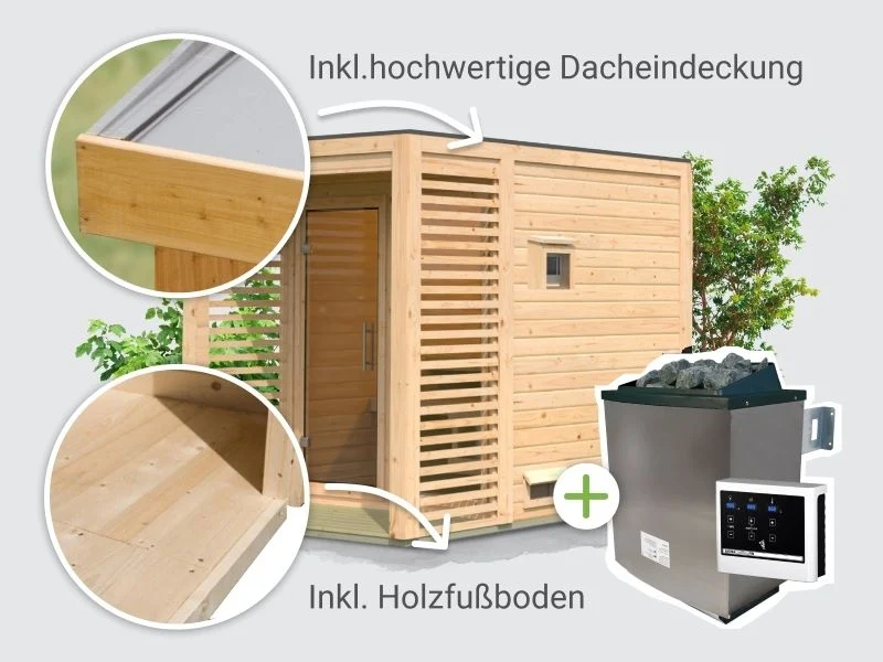 Norlinio Saunahaus Patio 1, 38 mm naturbelassen -inkl. 9 kW Ofen ext. Steuerung- inkl. Dacheindeckung - Image 6