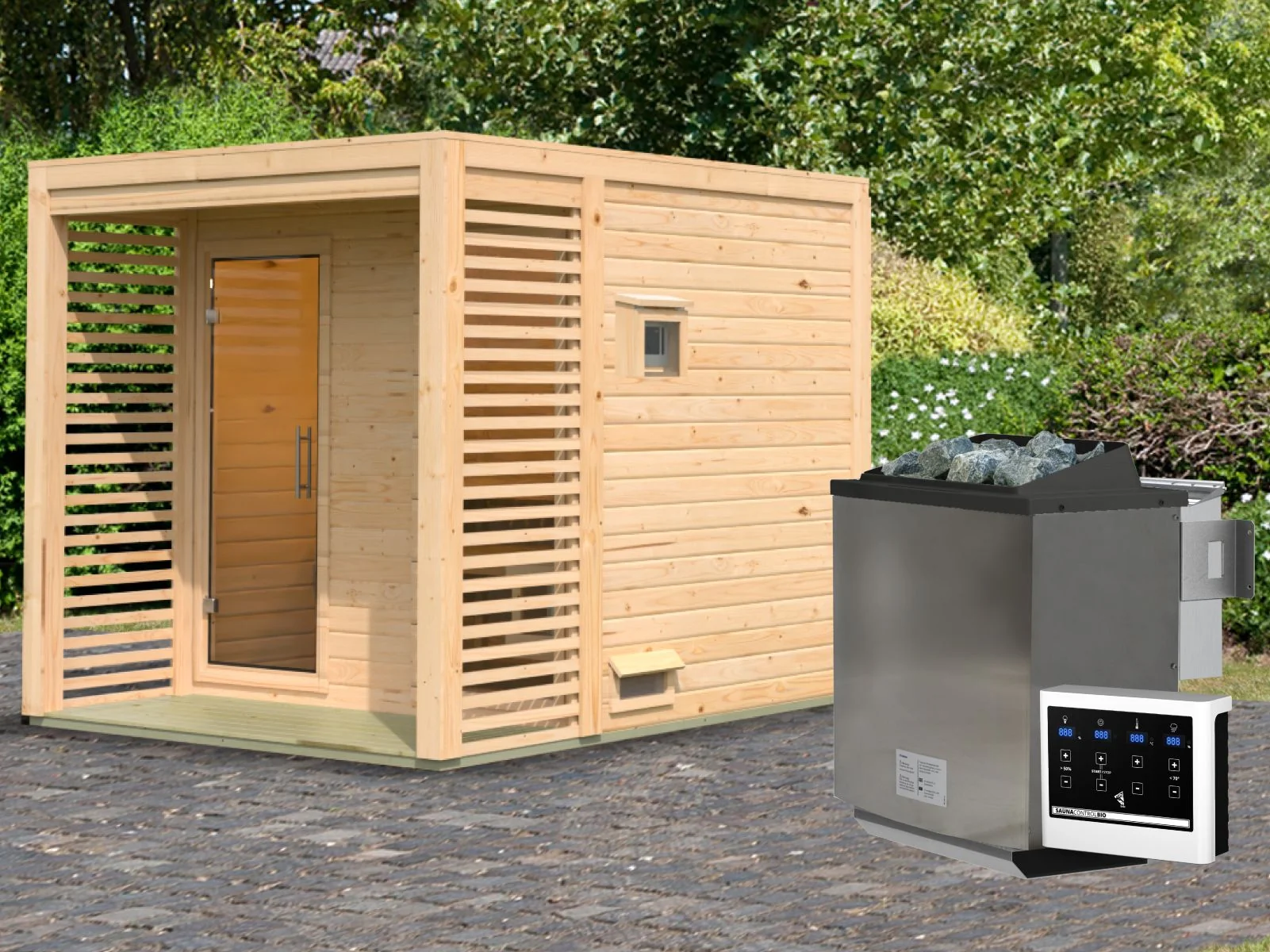 Norlinio Saunahaus Patio 2, 38 mm naturbelassen -inkl. 9 kW Bioofen ext. Steuerung-, inkl. D - Image 2