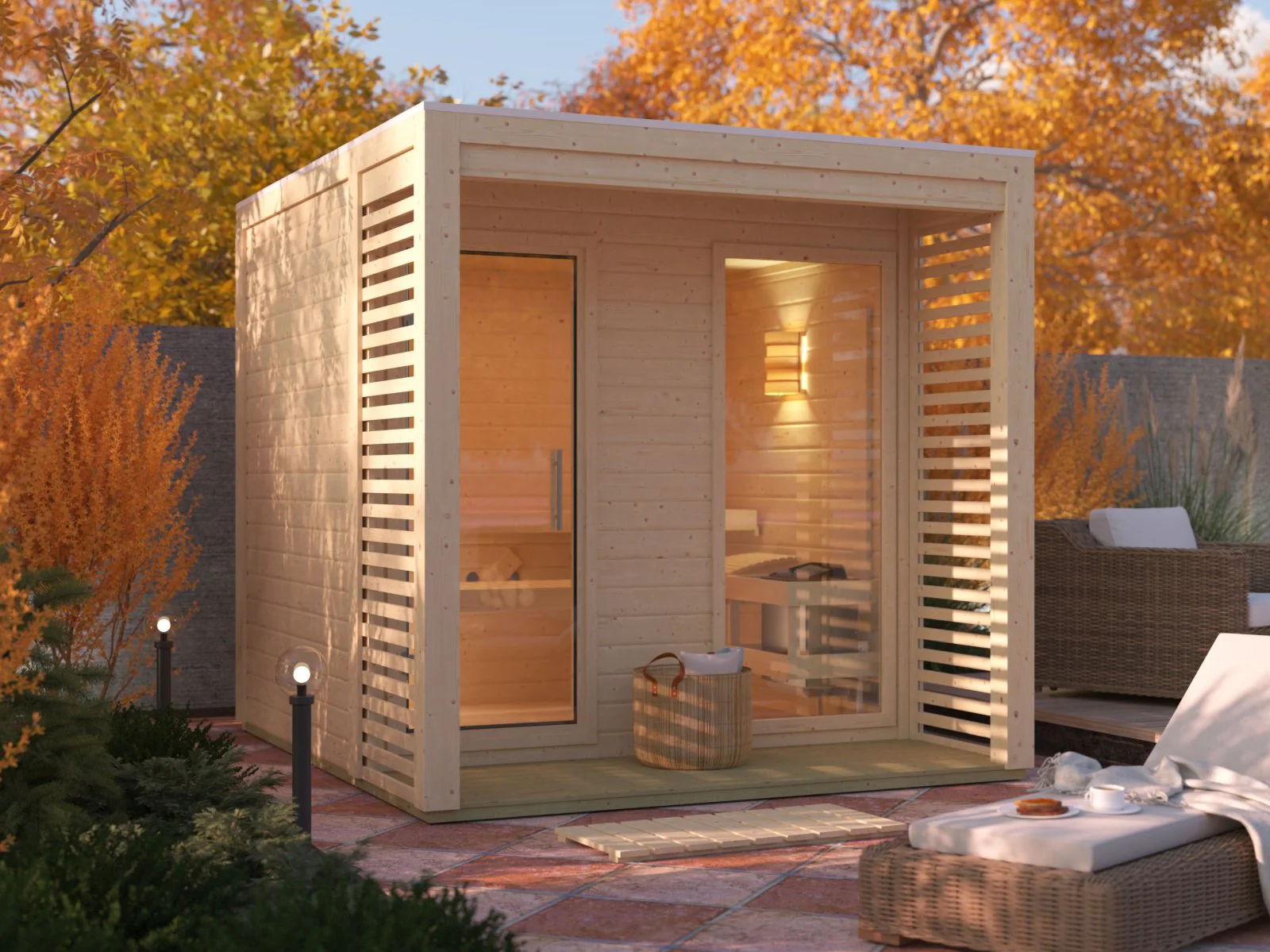 Norlinio Saunahaus Patio 2, 38 mm naturbelassen -inkl. 9 kW Ofen ext. Steuerung-, inkl. Dach