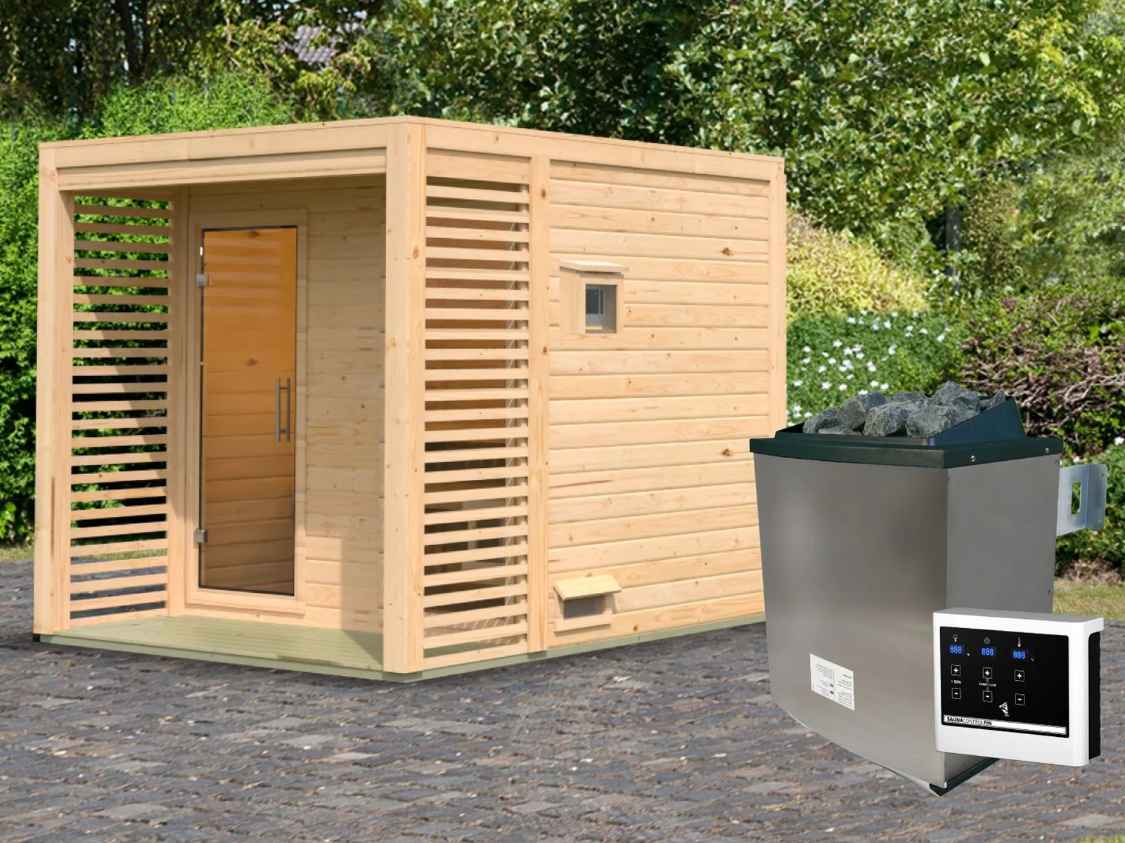 Norlinio Saunahaus Patio 2, 38 mm naturbelassen -inkl. 9 kW Ofen ext. Steuerung-, inkl. Dach - Image 2