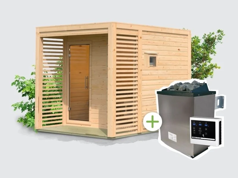 Norlinio Saunahaus Patio 2, 38 mm naturbelassen -inkl. 9 kW Ofen ext. Steuerung-, inkl. Dach - Image 4