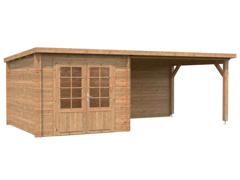 Palmako Blockbohlenhaus Ella 6,9 + 10,0 mit Anbaudach und Rückwand 28 mm braune Tauchgrundierung - Image 2
