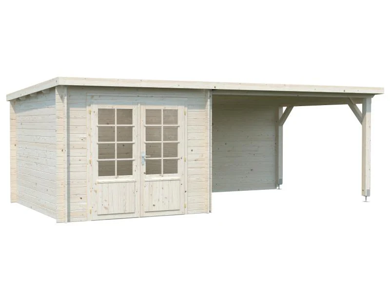 Palmako Blockbohlenhaus Ella 6,9 + 10,0 mit Anbaudach und Rückwand 28 mm transparente Tauchgrundieru - Image 2