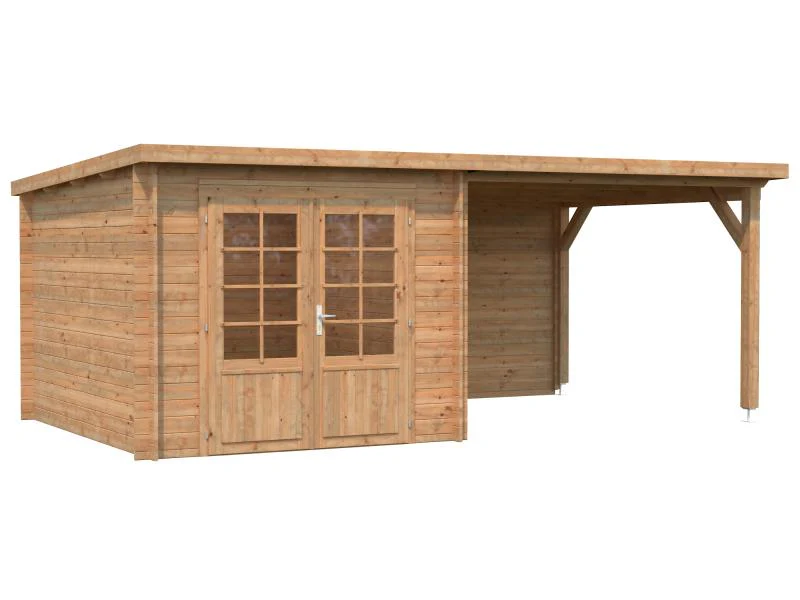 Palmako Blockbohlenhaus Ella 6,9 + 8,2 mit Anbaudach und Rückwand 28 mm braune Tauchgrundierung - Image 2