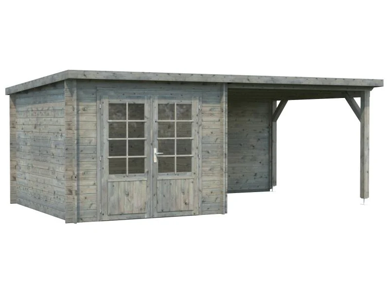 Palmako Blockbohlenhaus Ella 6,9 + 8,2 mit Anbaudach und Rückwand 28 mm graue Tauchgrundierung - Image 2
