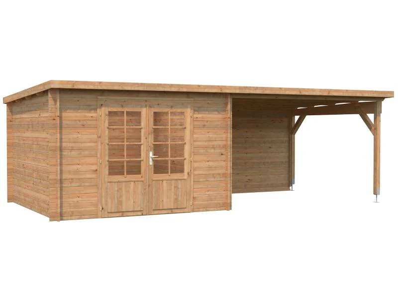 Palmako Blockbohlenhaus Ella 8,7 + 10,0 mit Anbaudach und Rückwand 28 mm braune Tauchgrundierung - Image 2