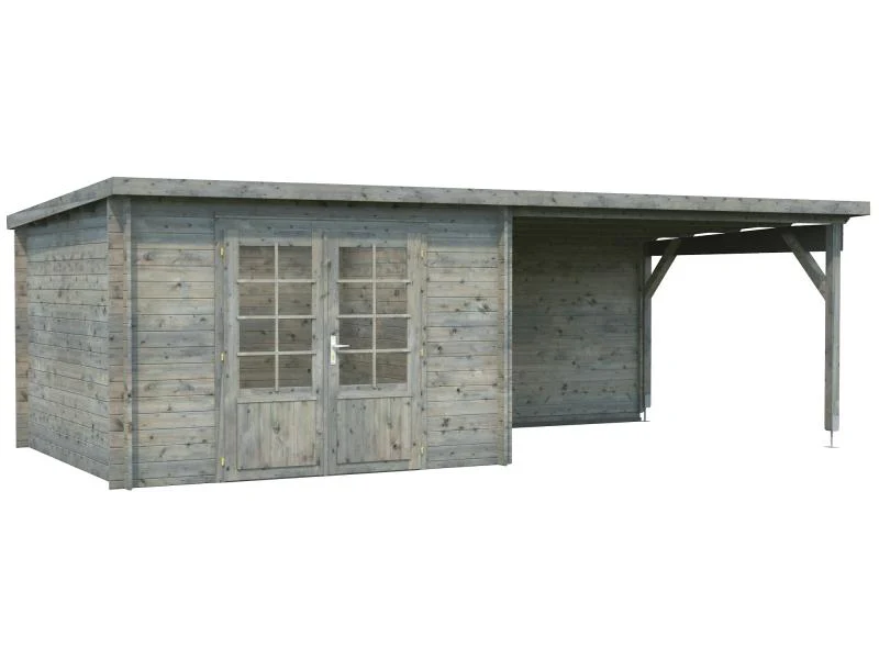 Palmako Blockbohlenhaus Ella 8,7 + 10,0 mit Anbaudach und Rückwand 28 mm graue Tauchgrundierung - Image 2