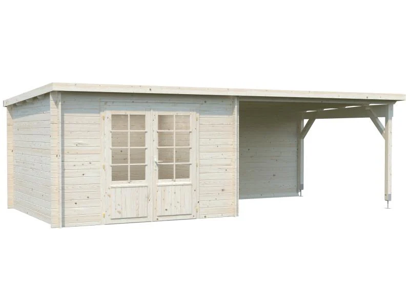 Palmako Blockbohlenhaus Ella 8,7 + 10,0 mit Anbaudach und Rückwand 28 mm transparente Tauchgrundieru - Image 2