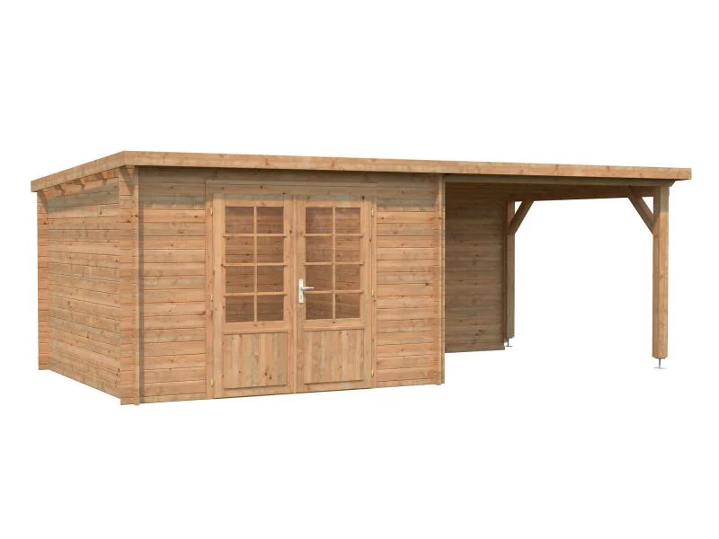 Palmako Blockbohlenhaus Ella 8,7 + 8,2 mit Anbaudach und Rückwand 28 mm braune Tauchgrundierung - Image 2