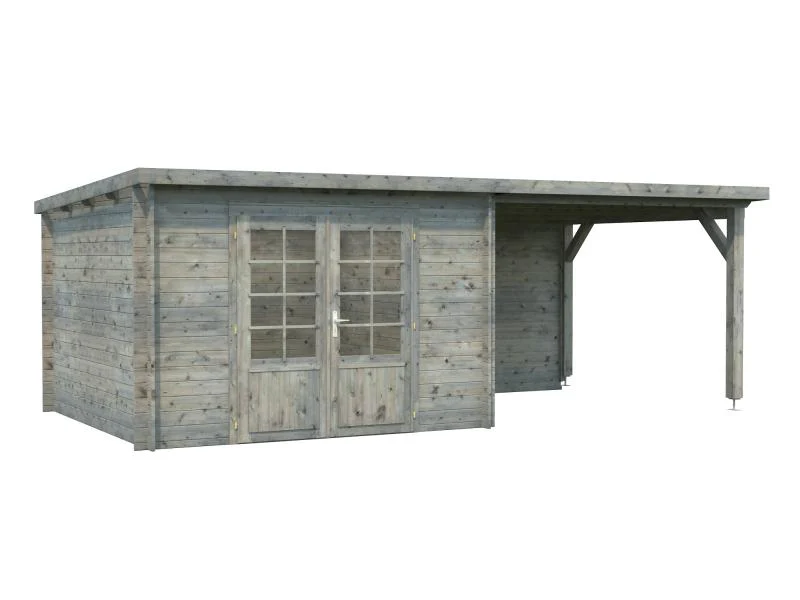 Palmako Blockbohlenhaus Ella 8,7 + 8,2 mit Anbaudach und Rückwand 28 mm graue Tauchgrundierung - Image 2