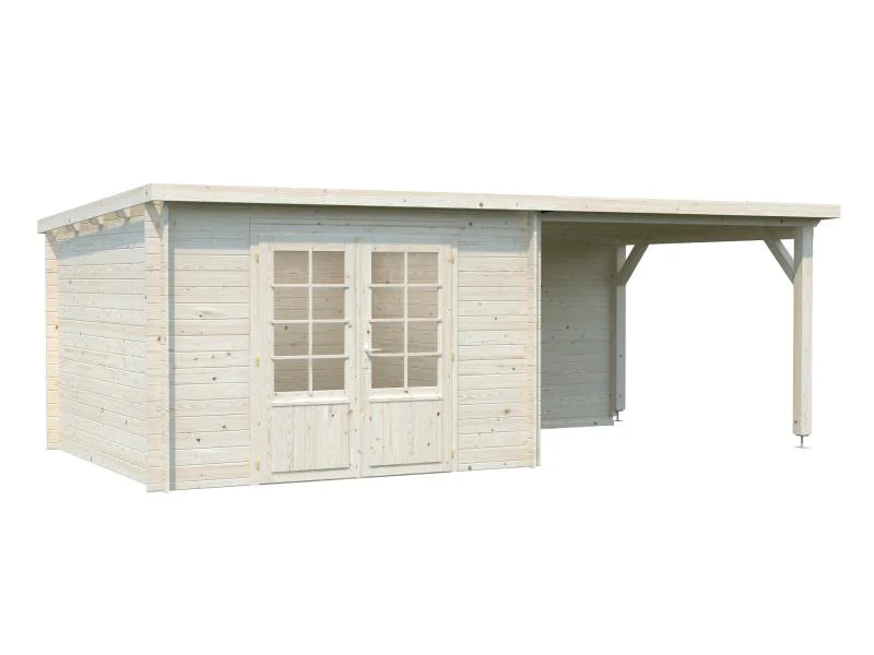 Palmako Blockbohlenhaus Ella 8,7 + 8,2 mit Anbaudach und Rückwand 28 mm transparente Tauchgrundierun - Image 2