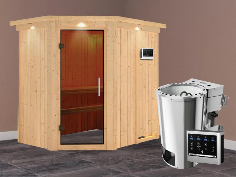 Saja - Karibu Sauna Plug & Play 3,6 kW Bio Ofen, ext. Steuerung - mit Dachkranz - Moderne Saunatür - Image 2