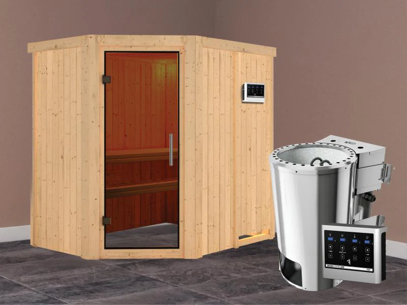 Saja - Karibu Sauna Plug & Play 3,6 kW Bio Ofen, ext. Steuerung - ohne Dachkranz - Moderne Saunatür - Image 2