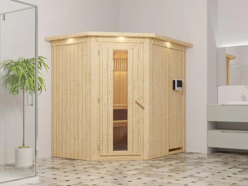 Saja - Karibu Sauna Plug & Play 3,6 kW Ofen, ext. Steuerung - mit Dachkranz - Energiespartür - Image 4
