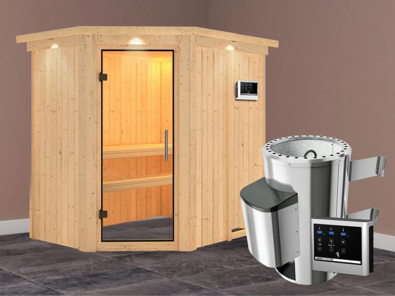 Saja - Karibu Sauna Plug & Play 3,6 kW Ofen, ext. Steuerung - mit Dachkranz - Klarglas Ganzglastür - Image 2