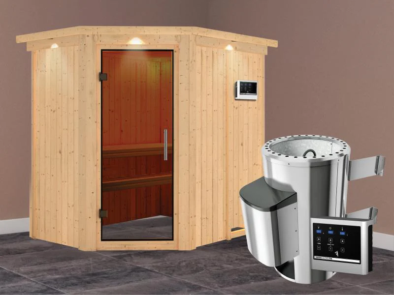 Saja - Karibu Sauna Plug & Play 3,6 kW Ofen, ext. Steuerung - mit Dachkranz - Moderne Saunatür - Image 2