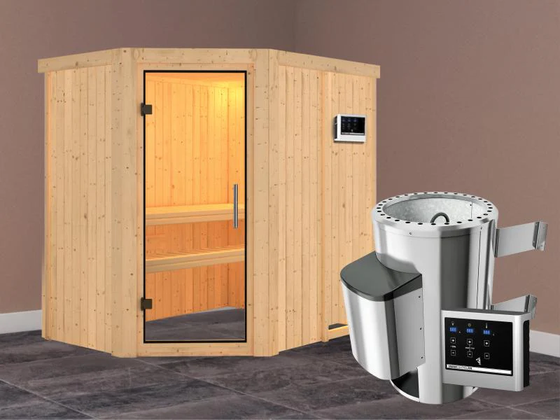 Saja - Karibu Sauna Plug & Play 3,6 kW Ofen, ext. Steuerung - ohne Dachkranz - Klarglas Ganzglastür - Image 2