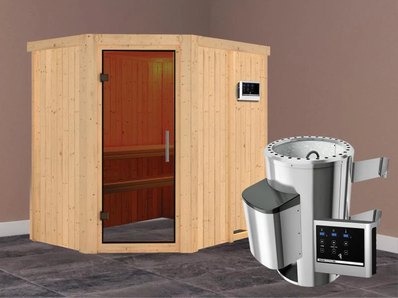 Saja - Karibu Sauna Plug & Play 3,6 kW Ofen, ext. Steuerung - ohne Dachkranz - Moderne Saunatür - Image 2