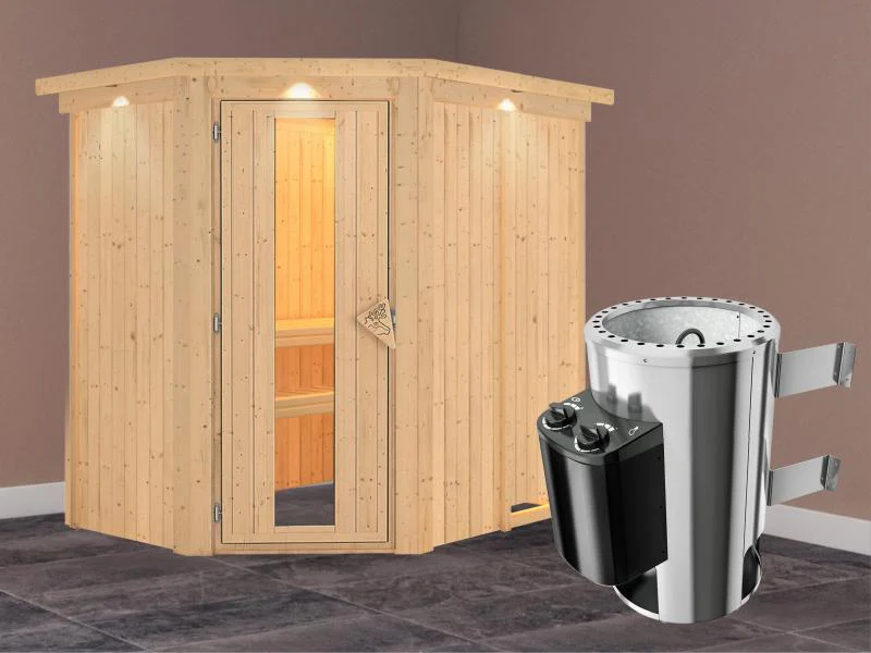 Saja - Karibu Sauna Plug & Play 3,6 kW Ofen, int. Steuerung - mit Dachkranz - Energiespartür - Image 2