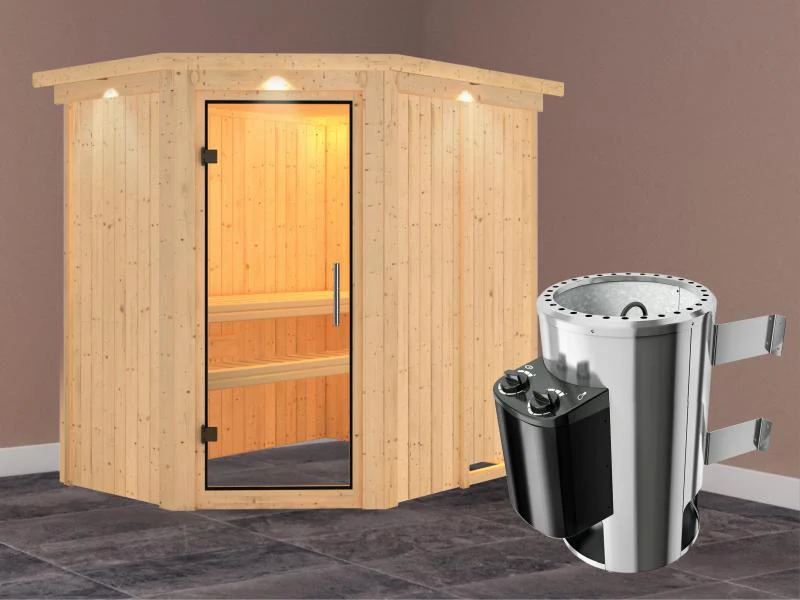 Saja - Karibu Sauna Plug & Play 3,6 kW Ofen, int. Steuerung - mit Dachkranz - Klarglas Ganzglastür - Image 2