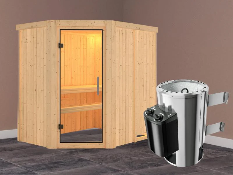 Saja - Karibu Sauna Plug & Play 3,6 kW Ofen, int. Steuerung - ohne Dachkranz - Klarglas Ganzglastür - Image 2