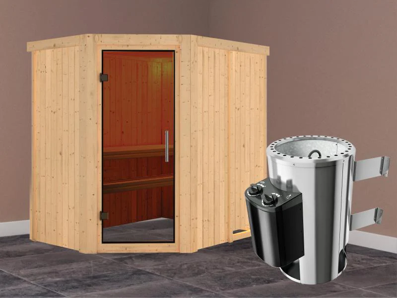 Saja - Karibu Sauna Plug & Play 3,6 kW Ofen, int. Steuerung - ohne Dachkranz - Moderne Saunatür - Image 2