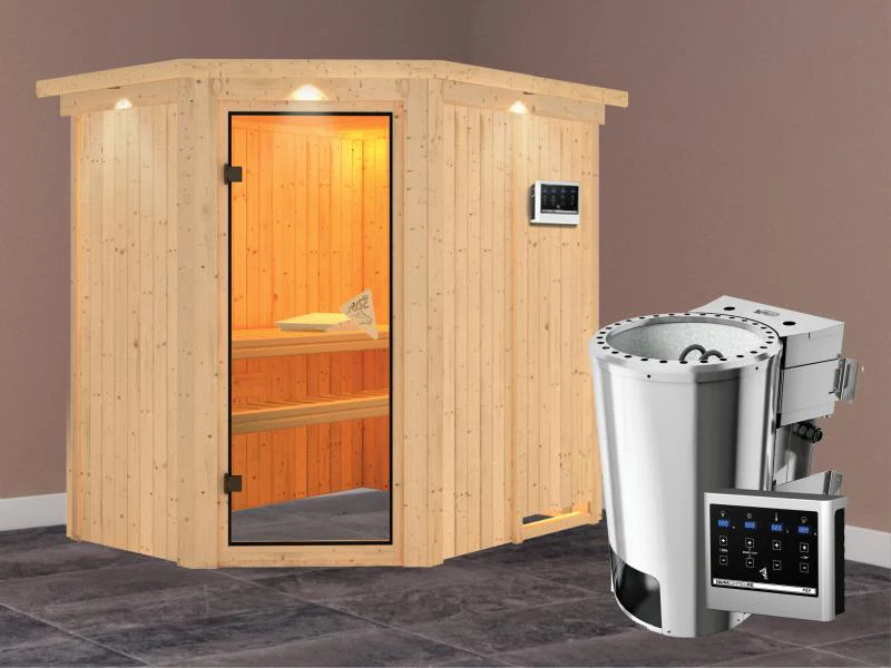 Saja - Karibu Sauna Plug & Play inkl. 3,6 kW-Bioofen - mit Dachkranz - - Image 2