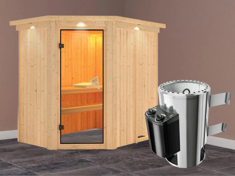 Saja - Karibu Sauna Plug & Play inkl. 3,6 kW-Ofen - mit Dachkranz - - Image 2