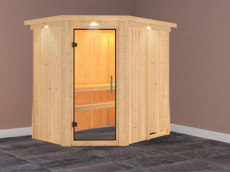 Saja - Karibu Sauna Plug & Play ohne Ofen - mit Dachkranz - Klarglas Ganzglastür - Image 2