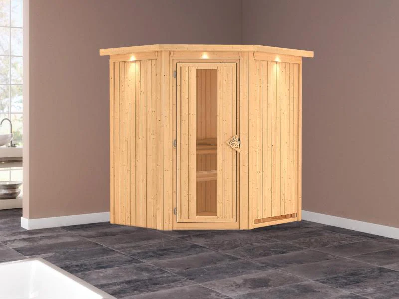 Taurin - Karibu Sauna ohne Ofen - mit Dachkranz -mit Energiespar Saunatür - Image 2