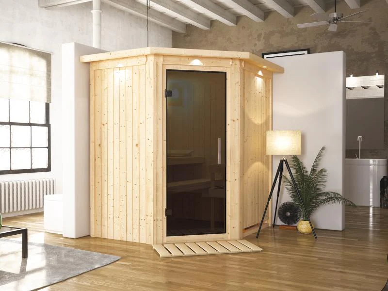 Taurin - Karibu Sauna ohne Ofen - mit Dachkranz -Moderne Saunatür