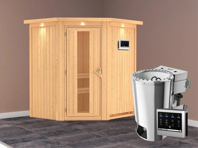 Tonja - Karibu Sauna Plug & Play 3,6 kW Bio Ofen, ext. Steuerung - mit Dachkranz - Energiespartür - Image 2