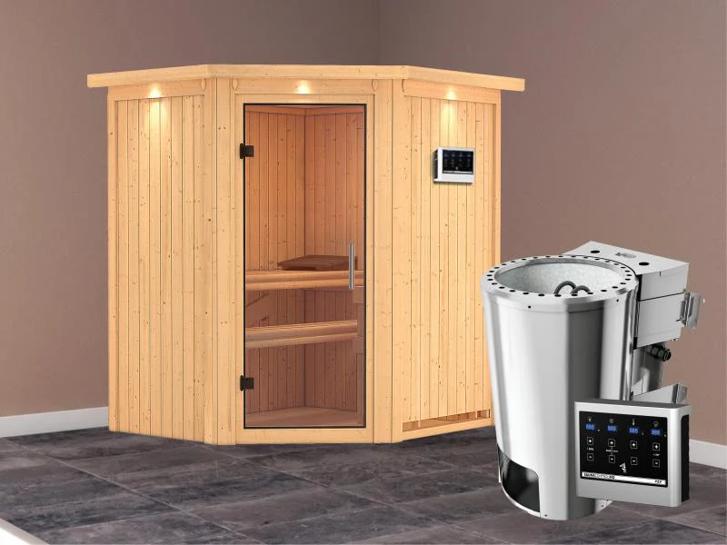 Tonja - Karibu Sauna Plug & Play 3,6 kW Bio Ofen, ext. Steuerung - mit Dachkranz - Klarglas Ganzglas - Image 2