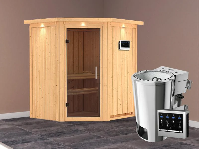 Tonja - Karibu Sauna Plug & Play 3,6 kW Bio Ofen, ext. Steuerung - mit Dachkranz - Moderne Saunatür - Image 2