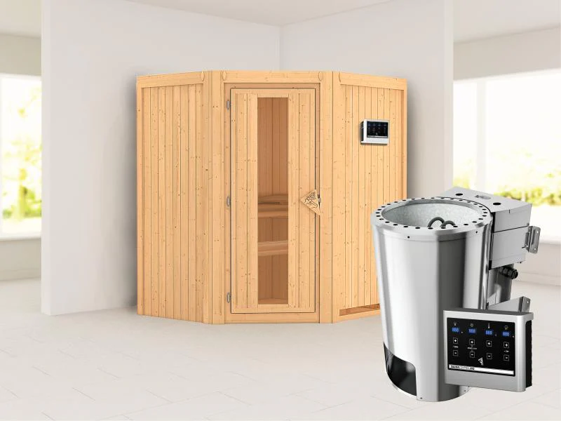 Tonja - Karibu Sauna Plug & Play 3,6 kW Bio Ofen, ext. Steuerung - ohne Dachkranz - Energiespartür