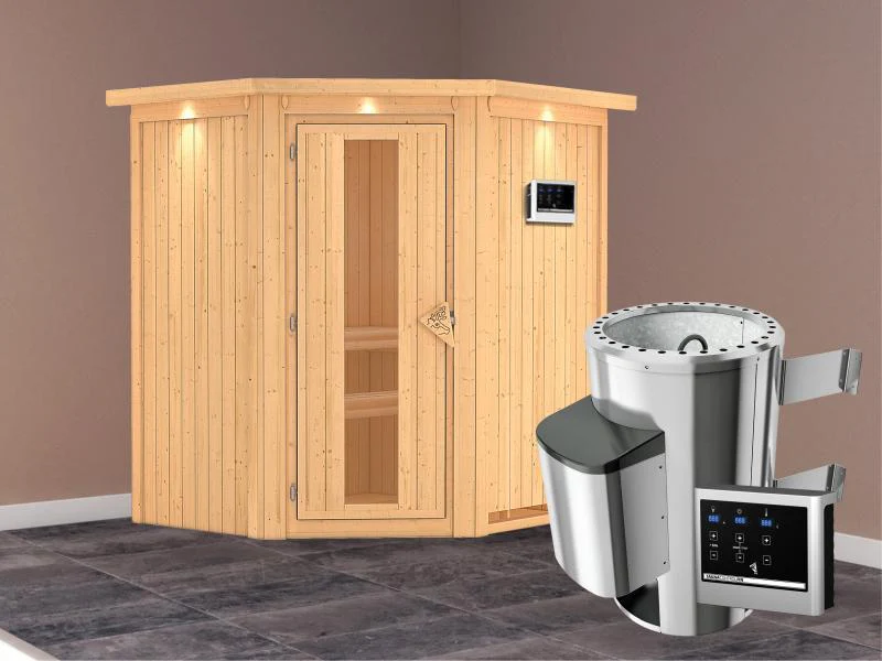 Tonja - Karibu Sauna Plug & Play 3,6 kW Ofen, ext. Steuerung - mit Dachkranz - Energiespartür - Image 2