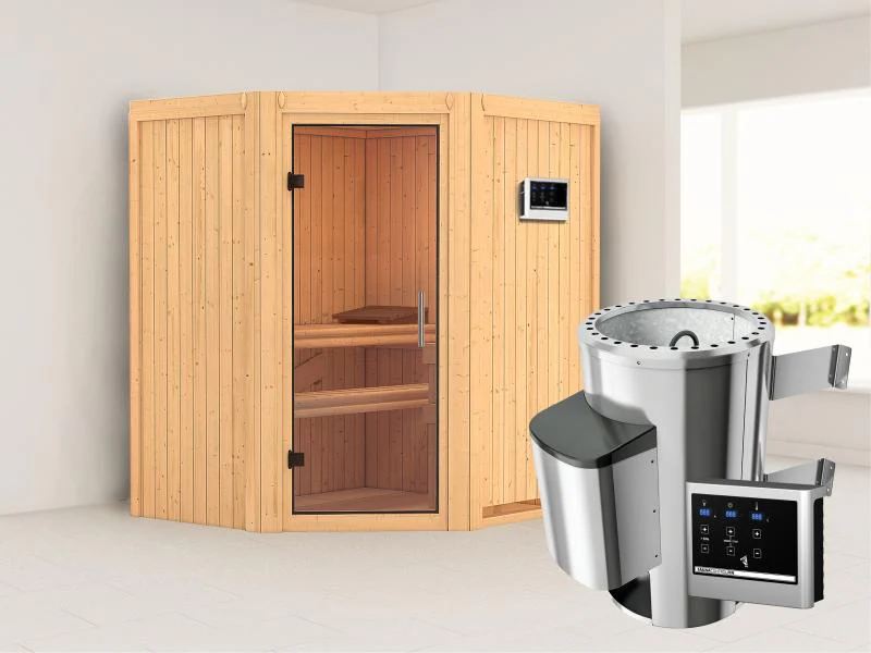 Tonja - Karibu Sauna Plug & Play 3,6 kW Ofen, ext. Steuerung - ohne Dachkranz - Klarglas Ganzglastür