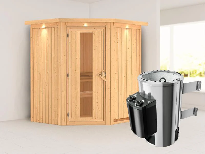 Tonja - Karibu Sauna Plug & Play 3,6 kW Ofen, int. Steuerung - mit Dachkranz - Energiespartür
