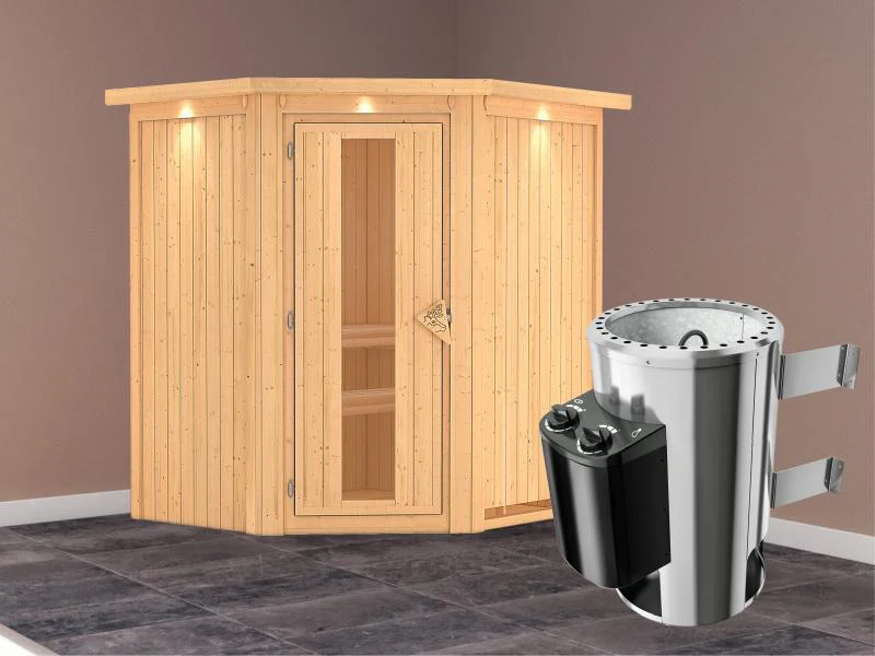 Tonja - Karibu Sauna Plug & Play 3,6 kW Ofen, int. Steuerung - mit Dachkranz - Energiespartür - Image 2