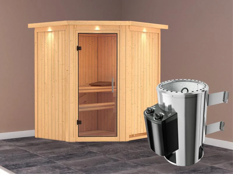 Tonja - Karibu Sauna Plug & Play 3,6 kW Ofen, int. Steuerung - mit Dachkranz - Klarglas Ganzglastür - Image 2