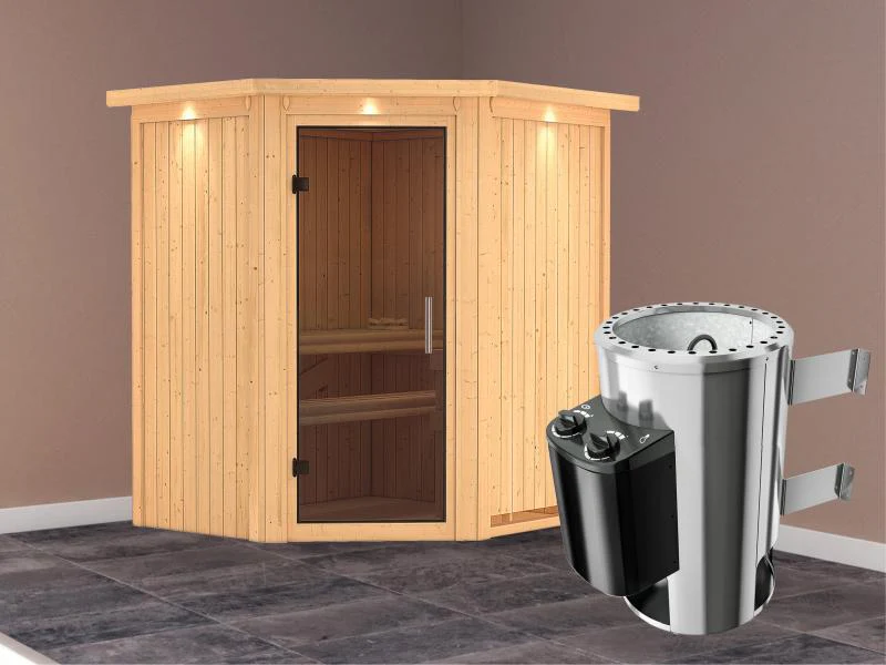 Tonja - Karibu Sauna Plug & Play 3,6 kW Ofen, int. Steuerung - mit Dachkranz - Moderne Saunatür - Image 2