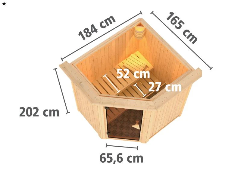 Tonja - Karibu Sauna Plug & Play 3,6 kW Ofen, int. Steuerung - mit Dachkranz - Moderne Saunatür - Image 3