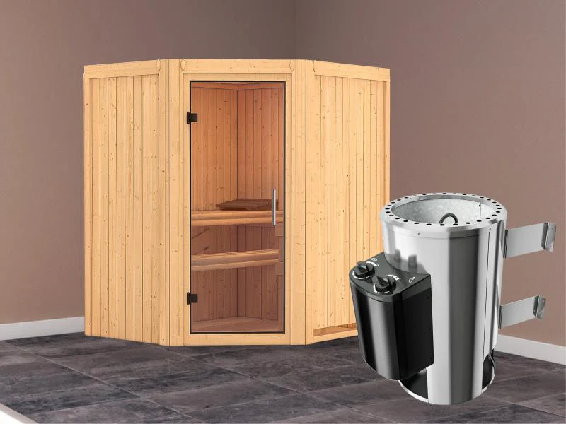 Tonja - Karibu Sauna Plug & Play 3,6 kW Ofen, int. Steuerung - ohne Dachkranz - Klarglas Ganzglastür - Image 2