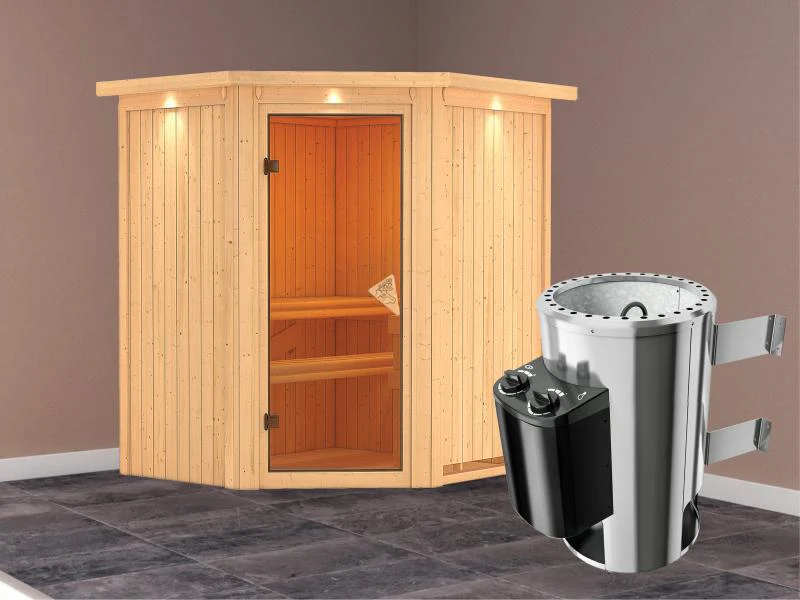 Tonja - Karibu Sauna Plug & Play inkl. 3,6 kW-Ofen int. Steuerung - mit Dachkranz - - Image 2